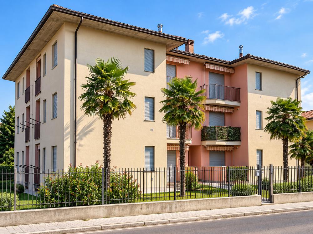 Palazzina residenziale a tre piani con facciata in due tinte e frangisole, Villa Cortese (MI)