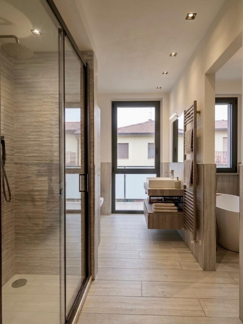 Bagno padronale con doccia walk-in, vasca freestanding e mobile sospeso in legno, Legnano (MI)