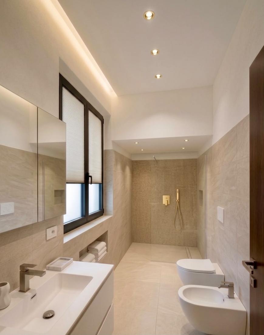 Bagno in gres effetto pietra con doccia filo pavimento e sanitari sospesi, Legnano (MI)