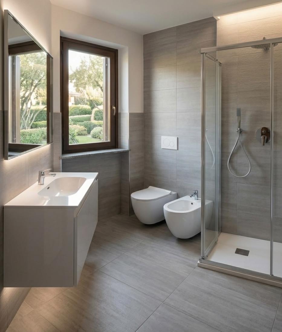 Bagno in gres effetto legno con box doccia e mobile sospeso laccato, Cerro Maggiore (MI)