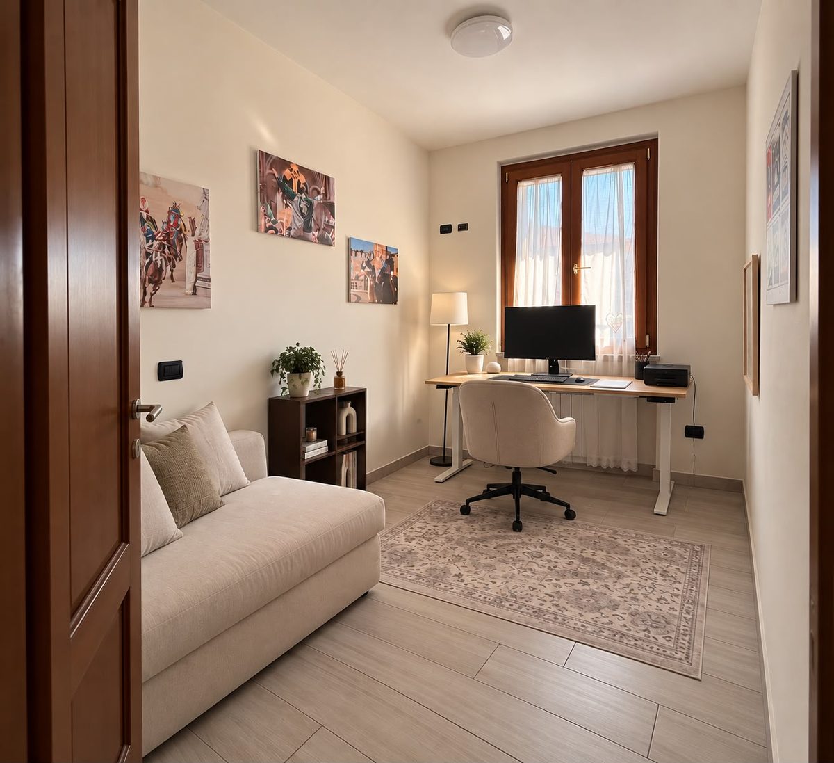 Camera con divano letto e angolo studio, trilocale, Legnano (MI)