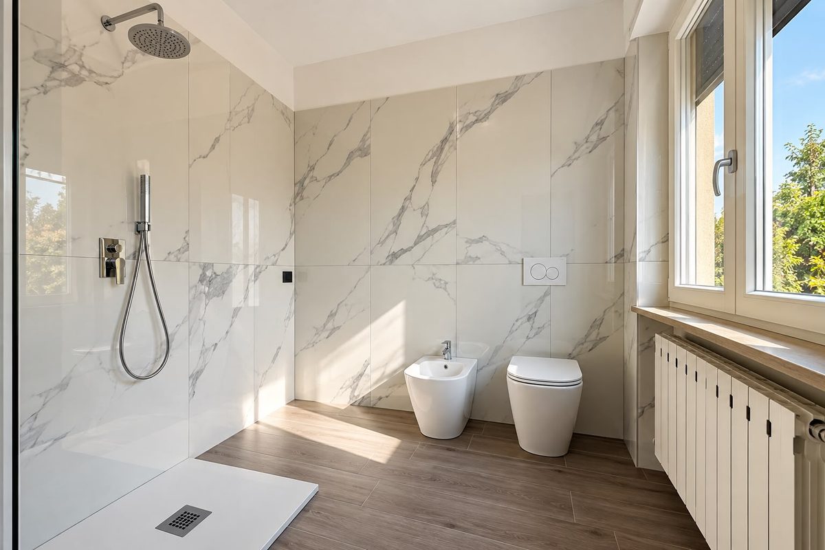Bagno in gres effetto marmo con piatto doccia filo pavimento e sanitari a terra, Dairago (MI)