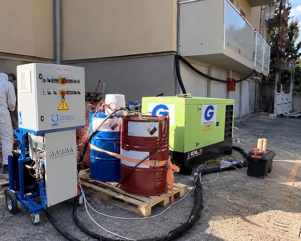 Unità di spruzzatura poliuretano e gruppo elettrogeno in cantiere